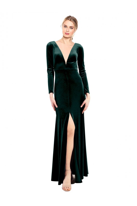 Open Back Stretch Velvet V-Neck Long Long Sleeves Black Tie Prom Dress / Bridesmaid Dress Norwich