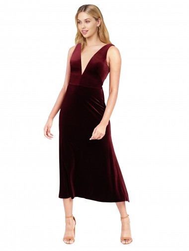V-Back Burgundy Stretch Velvet V-Neck Midi Length Sleeveless Prom Dress / Bridesmaid Dress Norwich