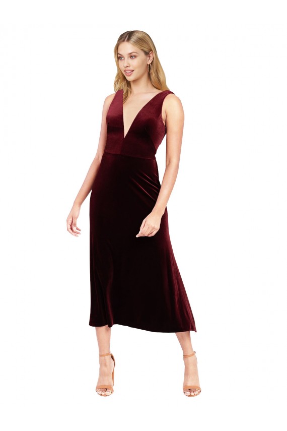 V-Back Burgundy Stretch Velvet V-Neck Midi Length Sleeveless Prom Dress / Bridesmaid Dress Norwich