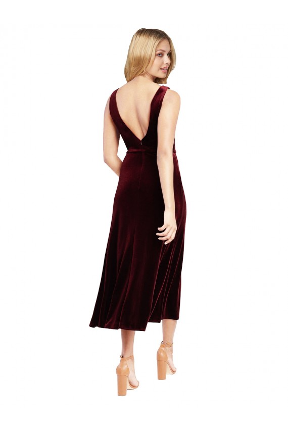 V-Back Burgundy Stretch Velvet V-Neck Midi Length Sleeveless Prom Dress / Bridesmaid Dress Norwich