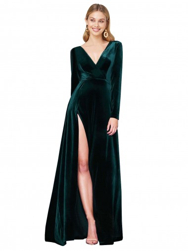 Stretch Velvet V-Neck Sweep Train Long Sleeves Black Tie Evening Gown / Prom Dress / Bridesmaid Dress Norwich