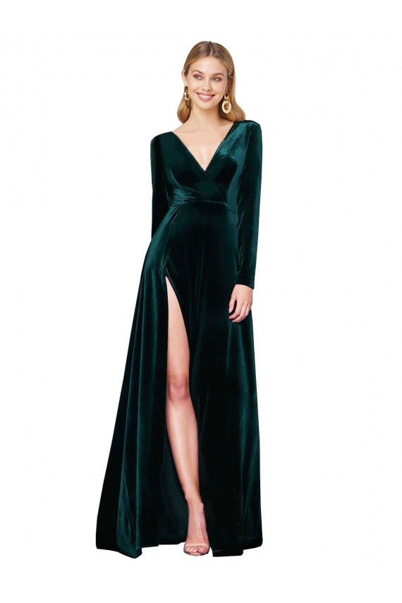 Stretch Velvet V-Neck Sweep Train Long Sleeves Black Tie Evening Gown / Prom Dress / Bridesmaid Dress Norwich