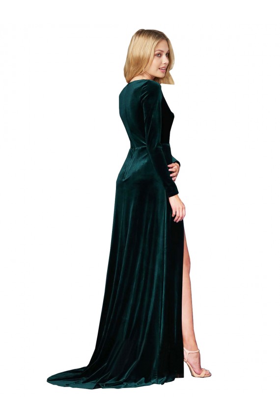 Stretch Velvet V-Neck Sweep Train Long Sleeves Black Tie Evening Gown / Prom Dress / Bridesmaid Dress Norwich