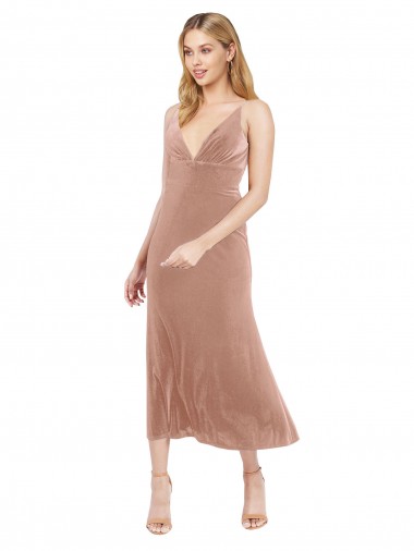 V-Back Pink Stretch Velvet V-Neck Midi Length Sleeveless Prom Dress / Bridesmaid Dress Norwich