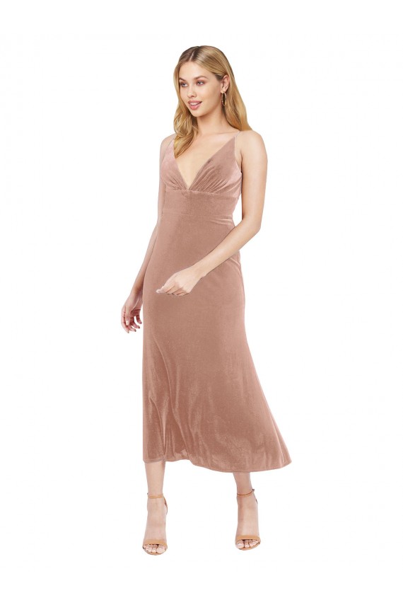 V-Back Pink Stretch Velvet V-Neck Midi Length Sleeveless Prom Dress / Bridesmaid Dress Norwich