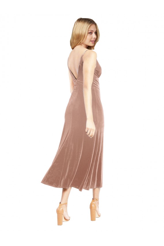 V-Back Pink Stretch Velvet V-Neck Midi Length Sleeveless Prom Dress / Bridesmaid Dress Norwich