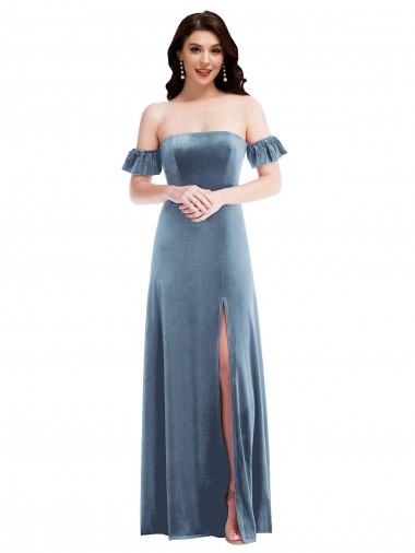Low Back Stretch Velvet Off the Shoulder Long Ruffle Sleeves Formal Dress / Bridesmaid Dress Norwich