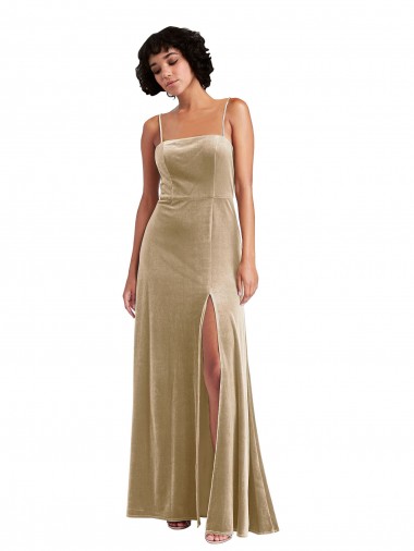 Low Back Champagne Stretch Velvet Square Neck Long Sleeveless Formal Evening Gown / Prom Dress / Bridesmaid Dress Norwich