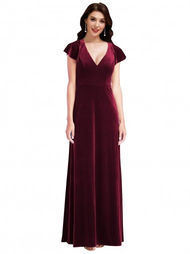Stretch Velvet V-Neck Long Flutter Sleeves Semi Formal Evening Dress / Prom Dress / Bridesmaid Dress Norwich