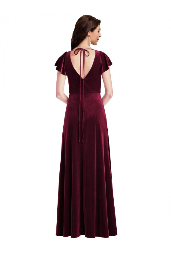 Stretch Velvet V-Neck Long Flutter Sleeves Semi Formal Evening Dress / Prom Dress / Bridesmaid Dress Norwich
