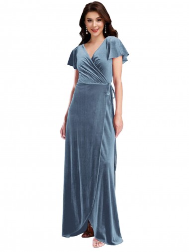 Stretch Velvet V-Neck Long Flutter Sleeves Black Tie Evening Gown / Prom Dress / Bridesmaid Dress Norwich