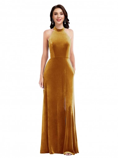 Keyhole Back Stretch Velvet Halter Neck Long Sleeveless Semi Formal Evening Dress / Prom Dress / Bridesmaid Dress Norwich