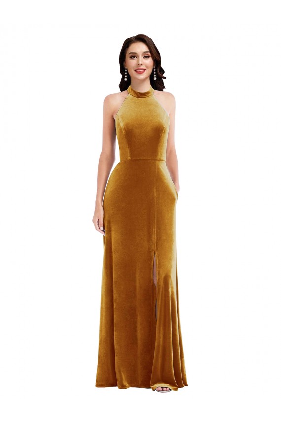 Keyhole Back Stretch Velvet Halter Neck Long Sleeveless Semi Formal Evening Dress / Prom Dress / Bridesmaid Dress Norwich
