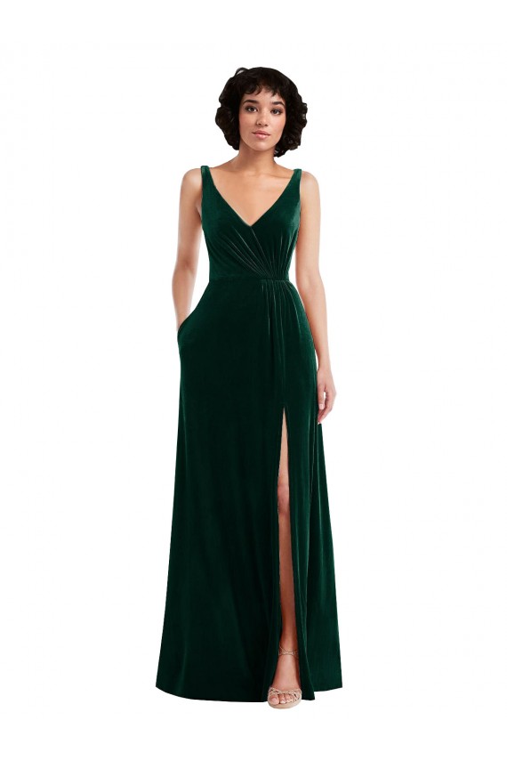 V-Back Dark Green Stretch Velvet V-Neck Long Sleeveless Bridesmaid Dress / Evening Dress Norwich
