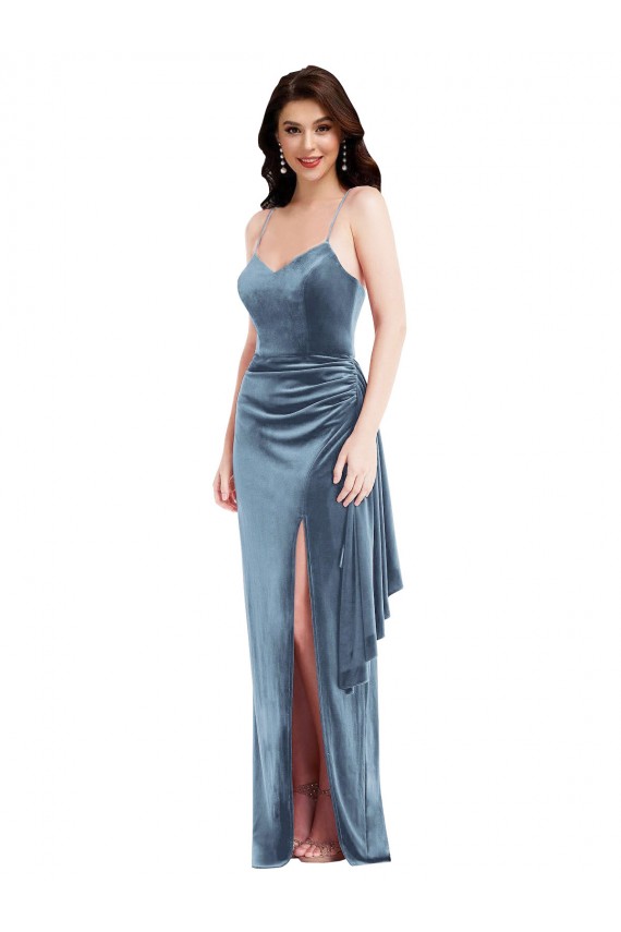 Low Back Dusty Blue Stretch Velvet Spaghetti Straps Long Sleeveless Formal Evening Gown / Prom Dress / Bridesmaid Dress Norwich