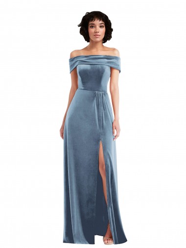 Dusty Blue Stretch Velvet Off the Shoulder Long Sleeveless Semi Formal Evening Dress / Prom Dress / Bridesmaid Dress Norwich