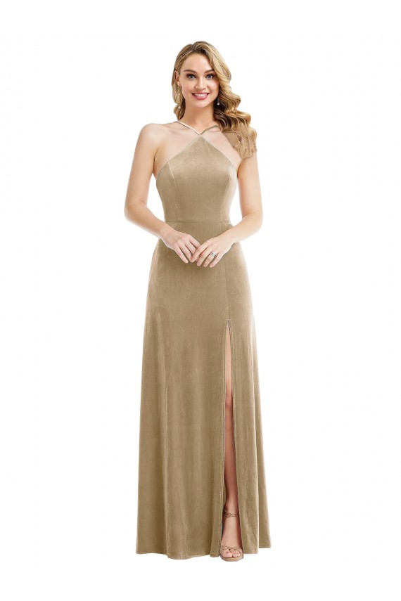 Open Back Stretch Velvet Halter Neck Long Sleeveless Semi Formal Evening Dress / Prom Dress / Bridesmaid Dress Norwich