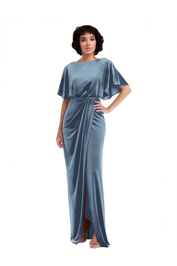 Open Back Stretch Velvet Long Flutter Sleeves Semi Formal Evening Dress / Prom Dress / Bridesmaid Dress Norwich