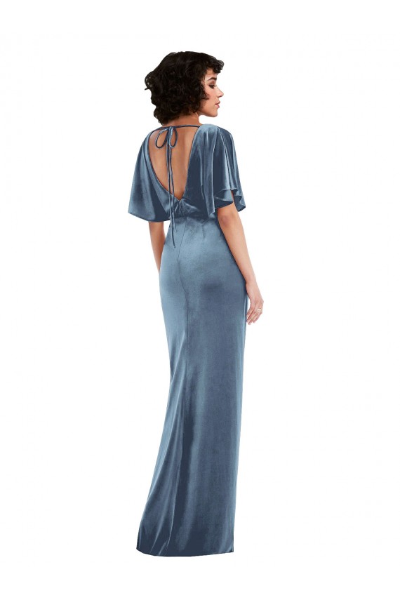 Open Back Stretch Velvet Long Flutter Sleeves Semi Formal Evening Dress / Prom Dress / Bridesmaid Dress Norwich