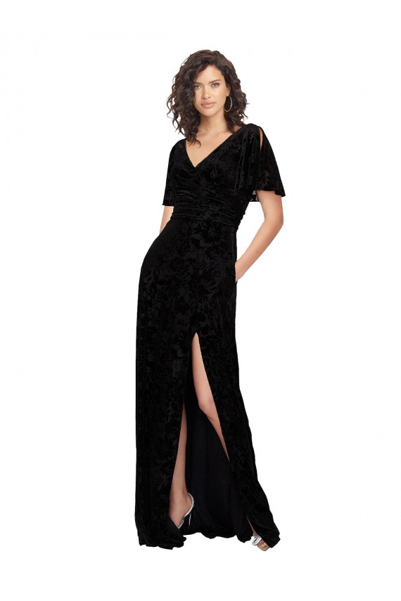 V-Back Floral Velvet & Stretch Velvet V-Neck Long Short Split Sleeves Bridesmaid Dress Norwich