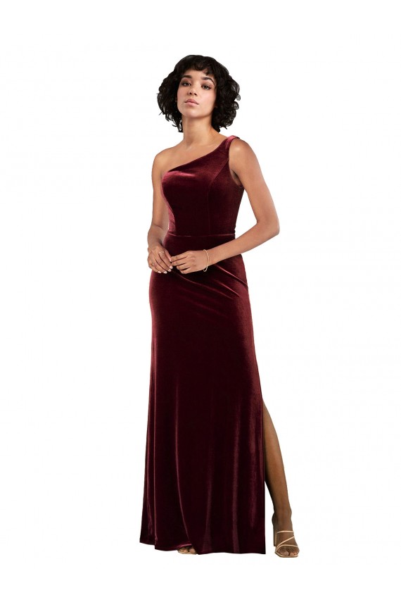 Burgundy Stretch Velvet One Shoulder Long Sleeveless Formal Evening Gown / Prom Dress / Bridesmaid Dress Norwich