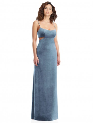 Low Back Dusty Blue Stretch Velvet Square Neck Long Sleeveless Formal Evening Gown / Prom Dress / Bridesmaid Dress Norwich