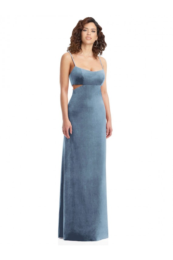 Low Back Dusty Blue Stretch Velvet Square Neck Long Sleeveless Formal Evening Gown / Prom Dress / Bridesmaid Dress Norwich