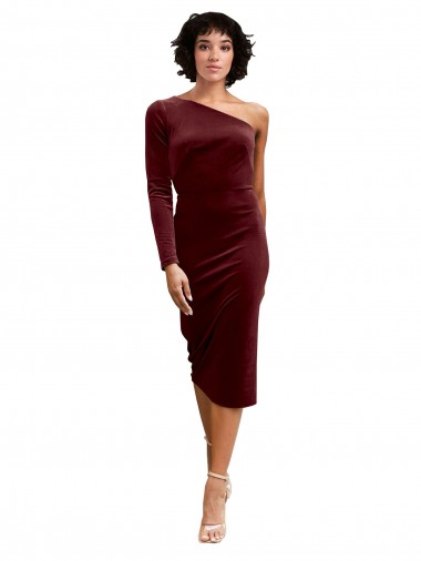 Stretch Velvet One Shoulder Midi Length Long Sleeves Black Tie Prom Dress / Bridesmaid Dress Norwich