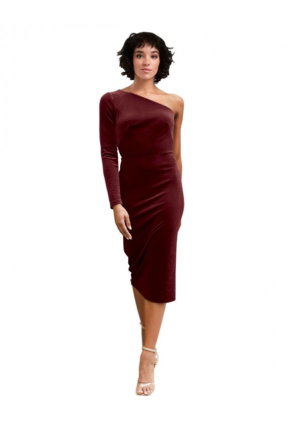 Stretch Velvet One Shoulder Midi Length Long Sleeves Black Tie Prom Dress / Bridesmaid Dress Norwich