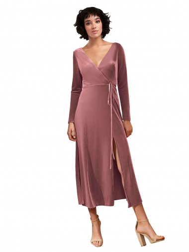 Stretch Velvet V-Neck Midi Length Long Sleeves Black Tie Prom Dress / Bridesmaid Dress Norwich