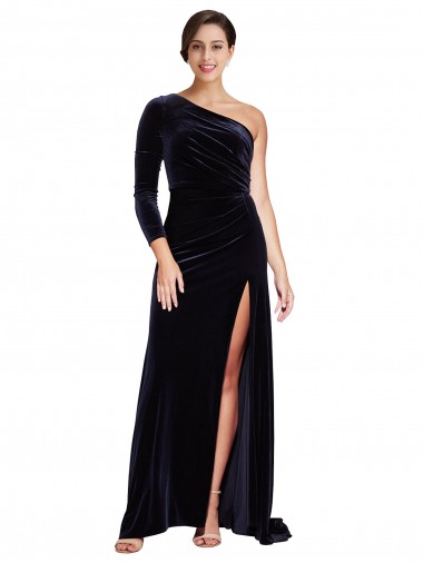 Stretch Velvet One Shoulder Sweep Train Long Sleeves Formal Evening Gown / Prom Dress / Bridesmaid Dress Norwich