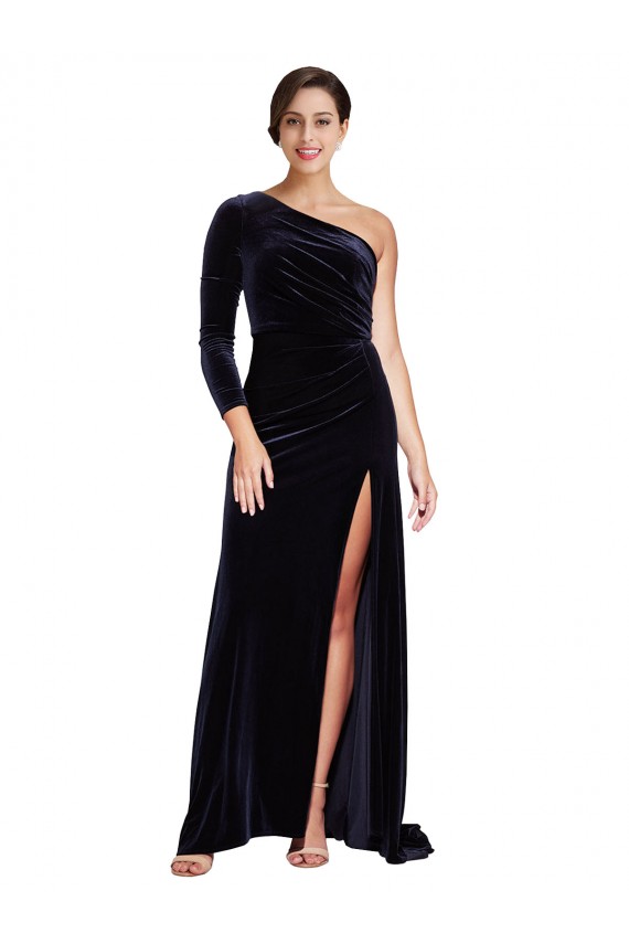 Stretch Velvet One Shoulder Sweep Train Long Sleeves Formal Evening Gown / Prom Dress / Bridesmaid Dress Norwich
