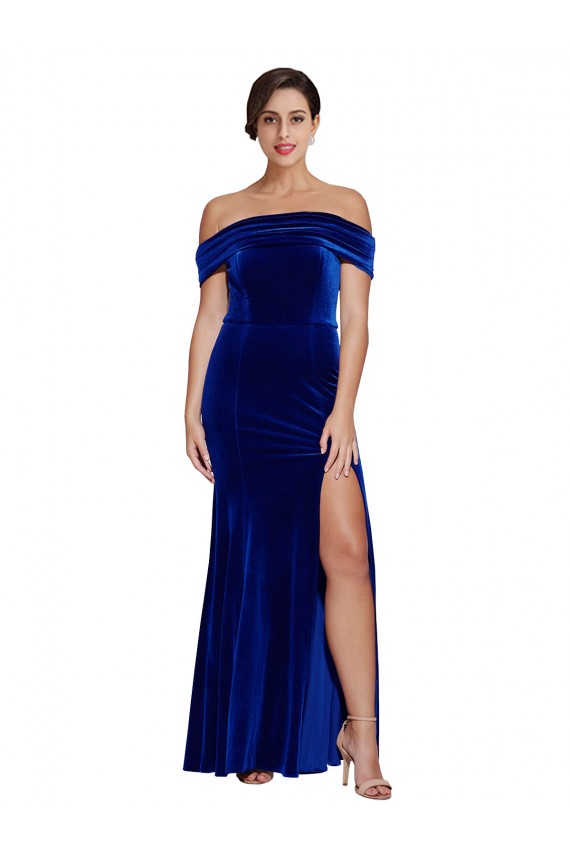 Royal Blue Stretch Velvet Off the Shoulder Long Sleeveless Formal Evening Gown / Prom Dress / Bridesmaid Dress Norwich