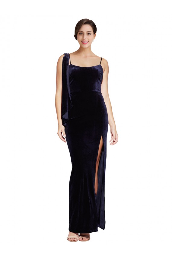 Low Back Dark Navy Stretch Velvet Spaghetti Straps Long Sleeveless Formal Evening Gown / Prom Dress / Bridesmaid Dress Norwich