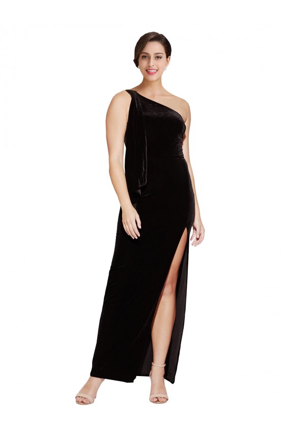 Black Stretch Velvet One Shoulder Long Sleeveless Formal Evening Gown / Prom Dress / Bridesmaid Dress Norwich