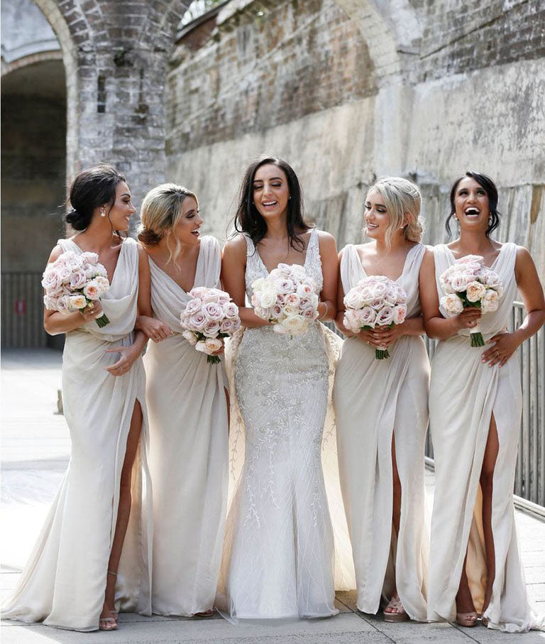 Full Length Luxe Chiffon Long Champagne bridesmaid dresses Norwich with Sexy High Slit and Front Ruffles